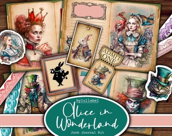 Alice in Wonderland junk journal kit, printable kit, uk. fairytale Paper, pockets, labels, tags, scrap paper pages, embellishments, gift