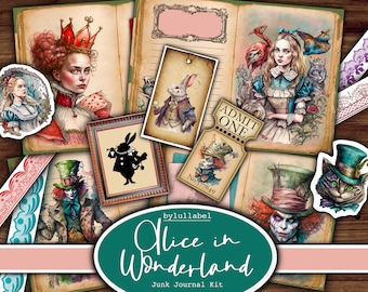 May include: A collection of Alice in Wonderland-themed ephemera, including illustrations of the Queen of Hearts, Alice, the Mad Hatter, and the Cheshire Cat. The set includes stickers, tags, and a ticket, all with a vintage aesthetic. The words "Alice in Wonderland" are displayed.