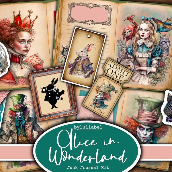 Alice in Wonderland junk journal kit, printable kit, uk. fairytale Paper, pockets, labels, tags, scrap paper pages, embellishments, gift