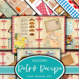 Retro recipe junk journal kit,ephemera printable kit,uk. Magic Paper, pockets, labels, tags, scrap paper pages, embellishments, gift