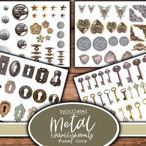 Metalen versieringen kieskeurige snijdt efemere, afdrukbare, digitale downloads. Junk journal, dagboek, plakboek of collage. Versieringen