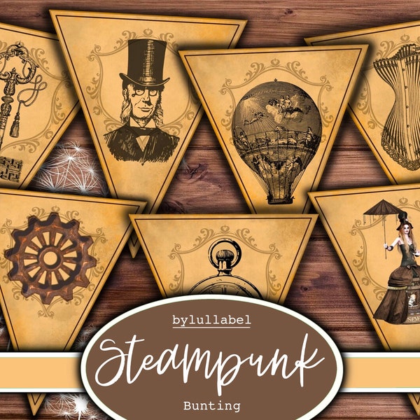 Steampunk printable  bunting,steam punk party,ephemera supplies, fussy cuts, junk journal accessories, industrial style, grungy paper strips