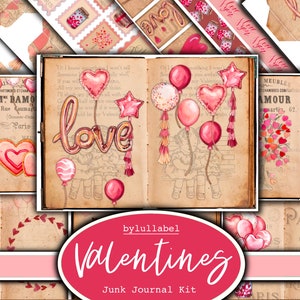 Valentines ephemera to make your own junk journals,printable kit, uk. Paper, pockets, labels, tags, scrap paper pages, embellishments, gift