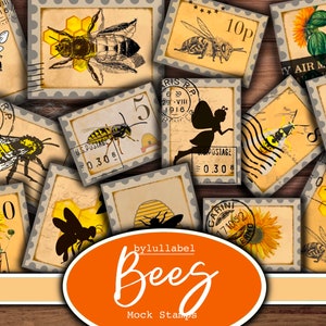 Mock bee stamps , fussy cuts,ephemera,printable, digital downloads. 80 plus to choose from. Junk journal, diary, scrapbook or collage.