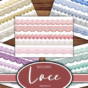 Könnte beinhalten: Ein Set aus sechs digitalen Papierdesigns mit verschiedenen Spitzenmustern in verschiedenen Farben, darunter Gold, Rosa, Lila, Blau und Grün. Die Designs sind mit "by lullabel Lace Ephemera" gekennzeichnet.