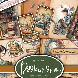 Bookworm junk journal kit, bibliotheek ephemera afdrukbare kit, pack, Verenigd Koninkrijk. Papier, zakken, etiketten, tags, kladpapierpagina's, versieringen, cadeau