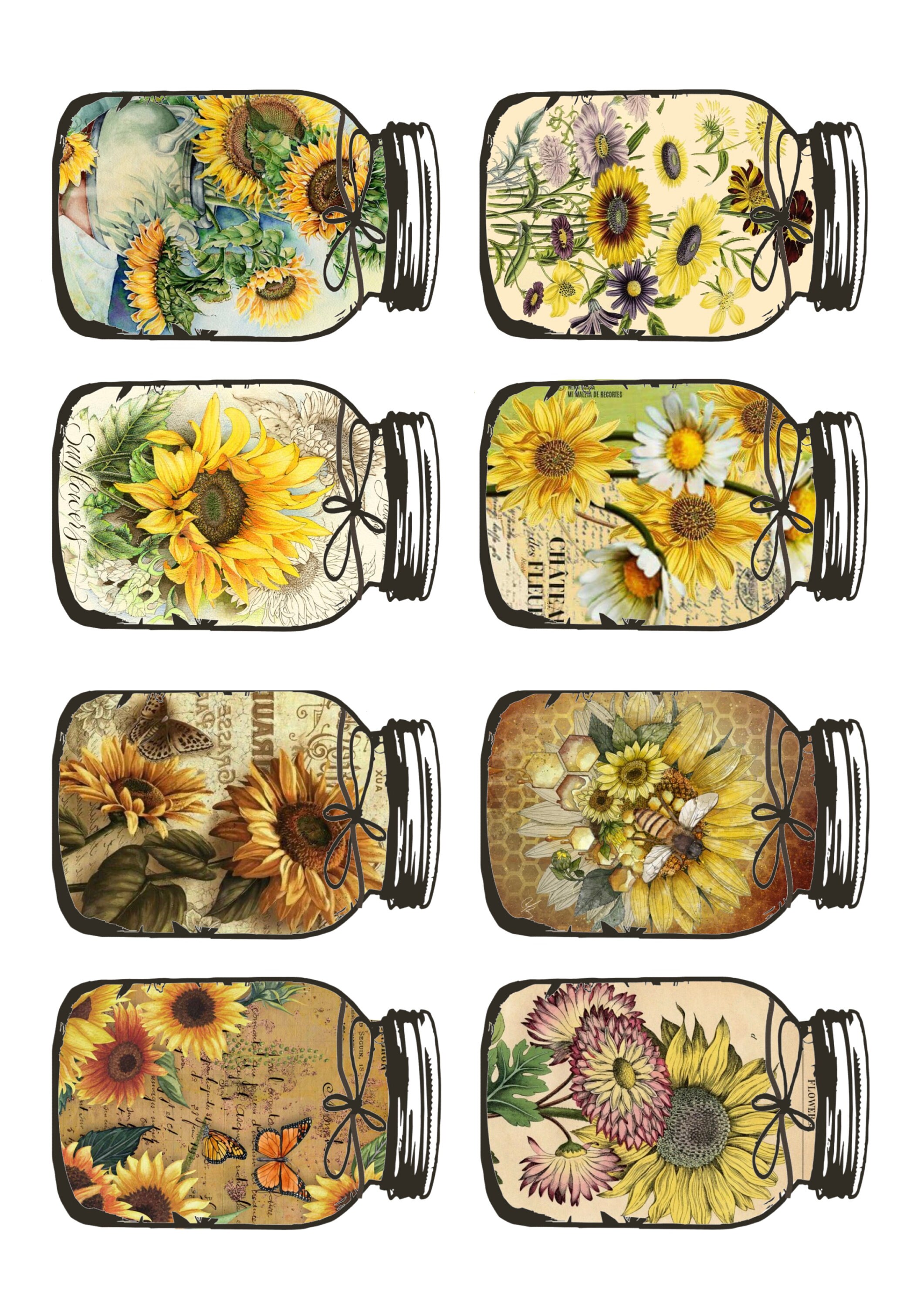 Sunflowers Botanical Mason Jarsfussy Cutsephemeraprintable - Etsy