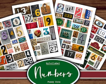 May include: Three sheets of paper with various numbers printed on them. The numbers are in different fonts and styles, and some are on signs or other objects. The sheets are labeled "Numbers" and "Fussy Cuts".