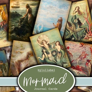 cartes de journal vintage sirènes, cartes ATC, éphémères de la mer et fournitures de journal indésirable, mini papiers, fleurs, coupes difficiles de créature, fichiers digi