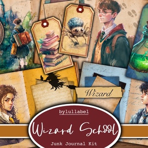 Wizard School junk journal kit, zestaw do drukowania ephemera, pakiet, uk. Papier, kieszenie, etykiety, metki, strony z papieru do scrapbookingu, ozdoby, prezent