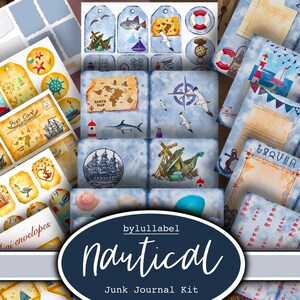 Nautical inspired junk journal kit, ephemera printable kit, pack, uk. Paper, pockets, labels, tags, scrap paper pages, embellishments, gift