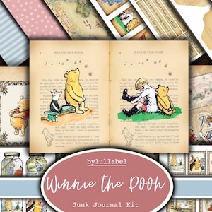 Kit diario spazzatura Winnie the Pooh, kit stampabile effimero, Regno Unito. Carta, tasche, etichette, cartellini, pagine di carta straccia, abbellimenti, regalo