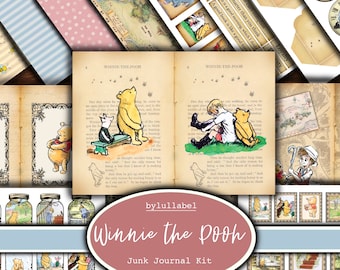 Winnie the Pooh junk journal kit, ephemera printable kit, uk. Paper, pockets, labels, tags, scrap paper pages, embellishments, gift