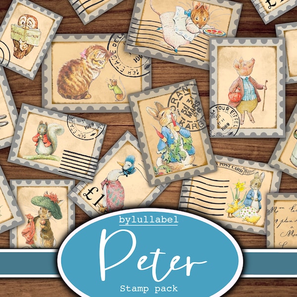 Peter Rabbit and Friends stamp pack, ephemera, stationary supplies, junk journal kit, digital and printable scrappy cuts, scrapbooking