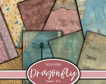 Dragonfly  paper kit, journal ephemera, backing wallpaper, add ons, bugs and insects  junk journal add ins, embellishments