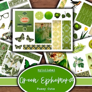 Pack d'éphémères numériques, coupes difficiles imprimables vertes, compléments de journal indésirable, fournitures fixes, éphémères mixtes, styles vintage et modernes