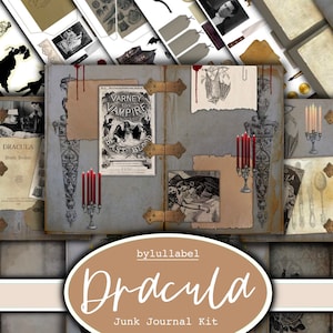 Dracula  inspired junk journal kit, ephemera printable kit, uk. Paper, pockets, labels, tags, scrap paper pages, horror, vampire