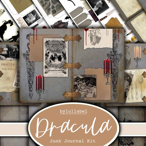 Dracula  inspired junk journal kit, ephemera printable kit, uk. Paper, pockets, labels, tags, scrap paper pages, embellishments, gift