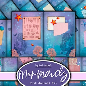 Imprimibles de sirenas, páginas de kit de papel, diario basura, scrapbooking, diario, papeles de desecho, efímeras, digis mágicos místicos