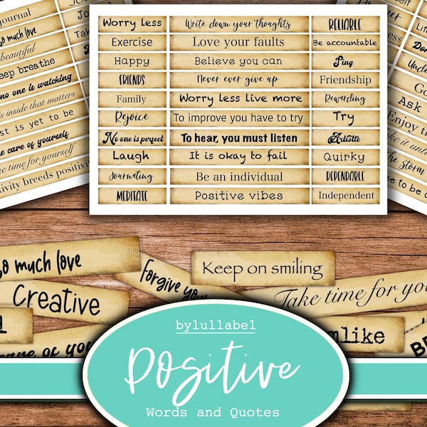 Positive words and phrases ephemera, printable, digital downloads. 60 to choose from. Junk journal, diary, scrapbook or collage. Typewriter