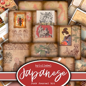 Japanese inspired  junk journal kit,ephemera printable kit,pack, uk. Paper, pockets, labels, tags, scrap paper pages, embellishments, gift