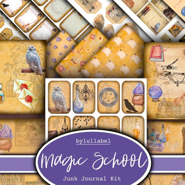 Magic school junk journal kit, ephemera printable kit, uk. Paper, pockets, labels, tags, scrap paper pages, embellishments, gift
