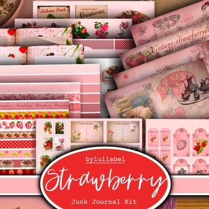 kit de diario basura de fresas vintage, kit imprimible efímero, Reino Unido. Papel, bolsillos, etiquetas, etiquetas, páginas de papel de desecho, adornos, regalo