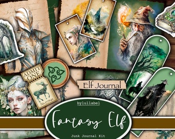 Fantasy Elf junk journal kit,ephemera printable kit,uk. Clan Paper, pockets, labels, tags, scrap paper pages, embellishments, gift