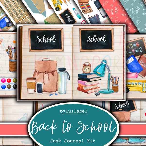 Back to School inspired junk journal kit, ephemera printable kit, uk. Paper, pockets, labels, tags, scrap paper pages, embellishments, gift
