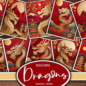 Drakendagboekkaarten, afdrukbare ATC voor Chinees Nieuwjaar, gelukkige rode ephemera, ongewenste dagboekkaarten, digitale papieren