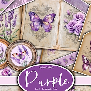 Kit giornale spazzatura viola, kit stampabile effimero, Regno Unito. Carta lilla, tasche, etichette, cartellini, pagine di carta straccia, abbellimenti, regalo