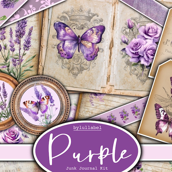 Purple junk journal kit,ephemera printable kit,uk. Lilac Paper, pockets, labels, tags, scrap paper pages, embellishments, gift