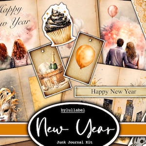 Kit de journal indésirable Happy New Year, kit imprimable, Royaume-Uni. Papier de fête, pochettes, étiquettes, tags, pages de papier brouillon, embellissements, cadeau