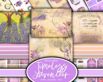 May include: A digital junk journal kit with a lavender theme. The kit includes images of lavender fields, clocks, and vintage labels. The text "Timeless Lavender" is featured in a purple circle.