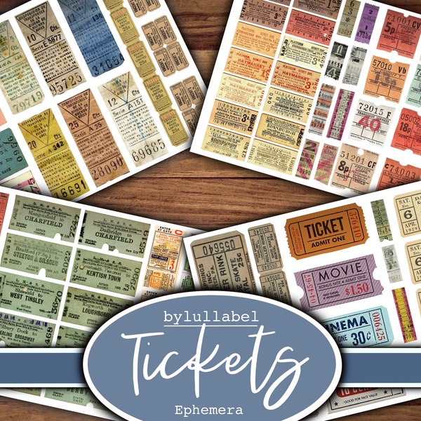 Vintage tickets, kieskeurige bezuinigingen, ephemera, afdrukbare, digitale downloads. 80plus om uit te kiezen. Ongewenst dagboek, dagboek, plakboek of collage.