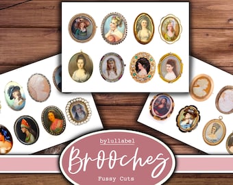 May include: A collection of vintage brooches featuring portraits of women in various styles. The brooches are made of gold, silver, and enamel, and are decorated with pearls, gemstones, and other embellishments. The image includes the text "by lullabel Brooches Fussy Cuts".