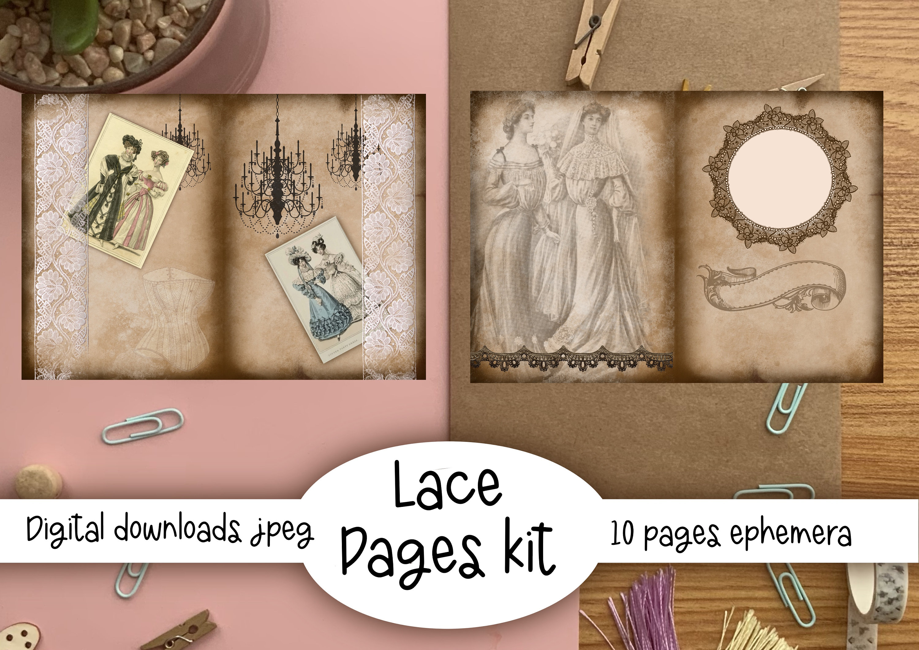 Vintage Lace Junk Journal Pages: Victorian Ephemera Paper Kit (digital ...