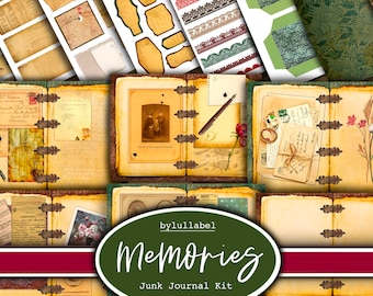 May include: A digital junk journal kit with a vintage aesthetic. The kit includes pages with old paper textures, photos, and ephemera. The title of the kit is "Memories Junk Journal Kit" by lullabel.