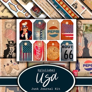 USA inspired junk journal kit, American ephemera printable kit, uk. Paper, pockets, labels, tags, scrap paper pages, embellishments, gift