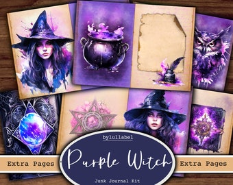 Purple Witch digital extra pages, Printable junk journal kit pages