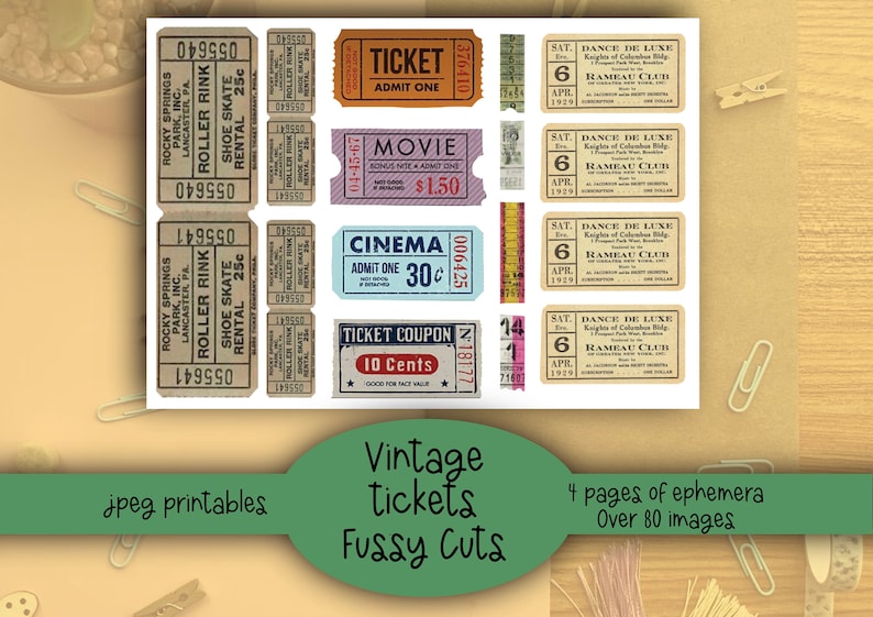 Vintage tickets, fussy cuts, ephemera,printable, digital downloads. 80 plus to choose from. Junk journal, diary, scrapbook or collage. image 6