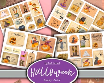 Scrap paper Halloween fussy cut ephemera, junk journal collages, embellishment supplies,  60 different images, amazing value. Jpg format