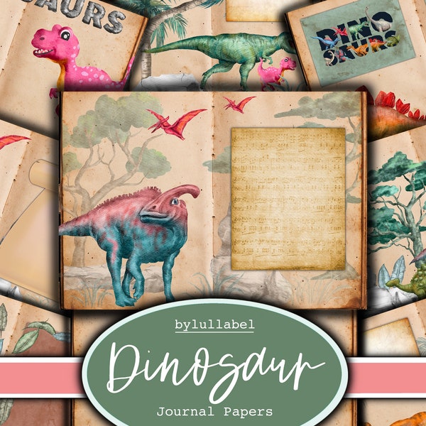 Dinosaur   printables, paper kit pages, dino junk journal, scrapbooking, journaling, scrap papers, ephemera, digital downloads uk