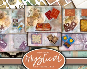 May include: A digital junk journal kit with a mystical theme. The kit includes images of moons, stars, hands, and tarot cards. The text "by lullabel Mystical Junk Journal Kit" is visible in the image.