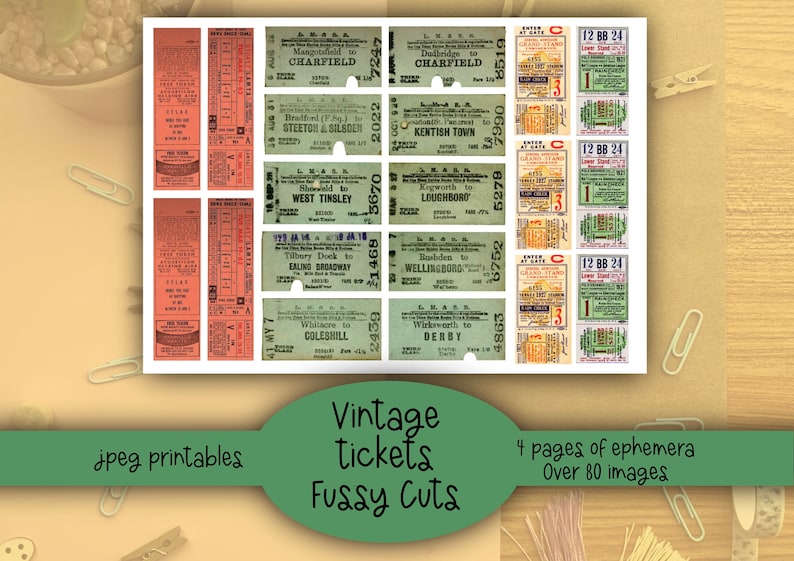 Vintage tickets, fussy cuts, ephemera,printable, digital downloads. 80 plus to choose from. Junk journal, diary, scrapbook or collage. image 5