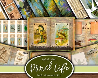 May include: A digital junk journal kit with a green, brown, and white color scheme. The kit features images of frogs, dragonflies, butterflies, and other pond life. The text "Pond Life" is featured in a large, bold font.