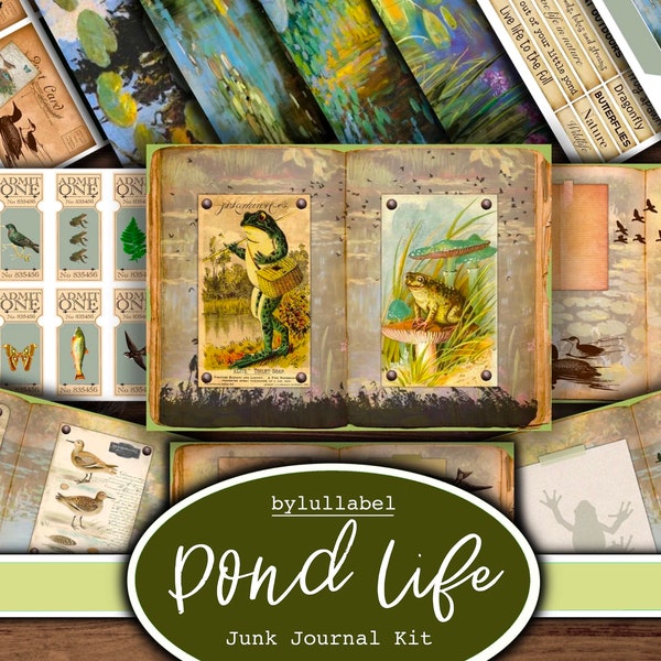 Pond life junk journal kit,ephemera printable kit,uk. Frogs, tadpoles Paper,pockets,labels, tags, scrap paper pages, embellishments, gift