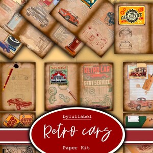 Peut inclure: Un kit de papier numérique sur le thème des voitures anciennes. Le kit comprend des images de voitures, de pièces de voitures et de panneaux avec des textes comme "Réparation automobile", "Voiture rétro" et "Service de location".