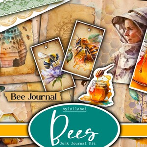Bijen junk journal kit, honingbij efemere afdrukbare kit, pack, uk. Papier, zakken, etiketten, labels, kladpapierpagina's, versieringen, cadeau