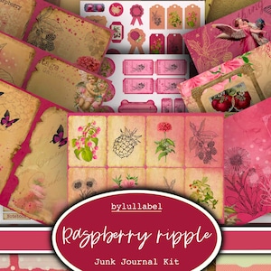 May include: A digital junk journal kit with a pink and brown color scheme. The kit includes various images, papers, and embellishments with a raspberry and floral theme. The text "Raspberry ripple" is featured in the center of the image.